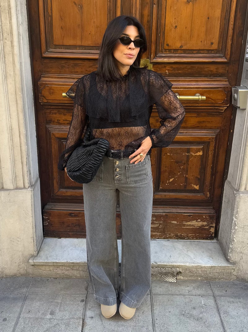 Blusa de renda com folhos Preto - Kiabi