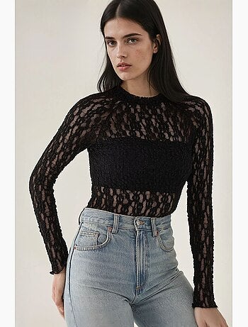 Blusa de renda guipura slim fit com gola redonda hiccup