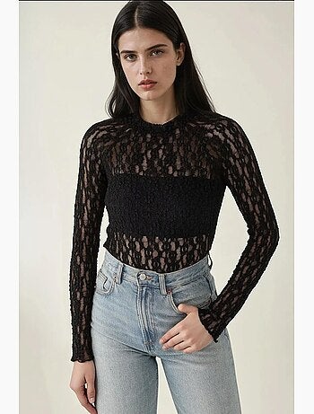 Blusa de renda guipura slim fit com gola redonda hiccup