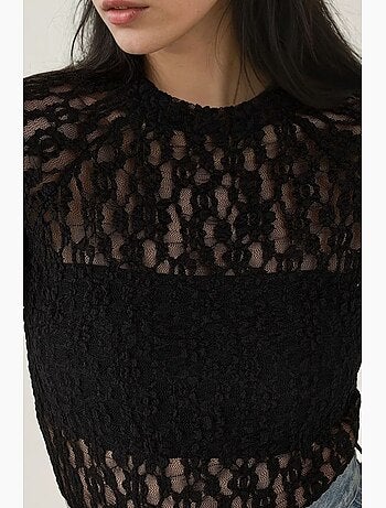 Blusa de renda guipura slim fit com gola redonda hiccup