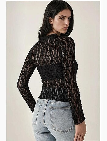 Blusa de renda guipura slim fit com gola redonda hiccup