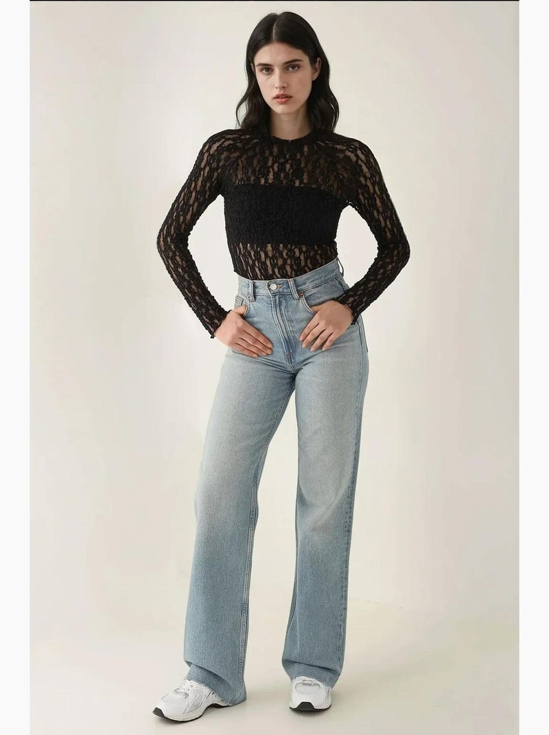 Blusa de renda guipura slim fit com gola redonda hiccup Preto - Kiabi