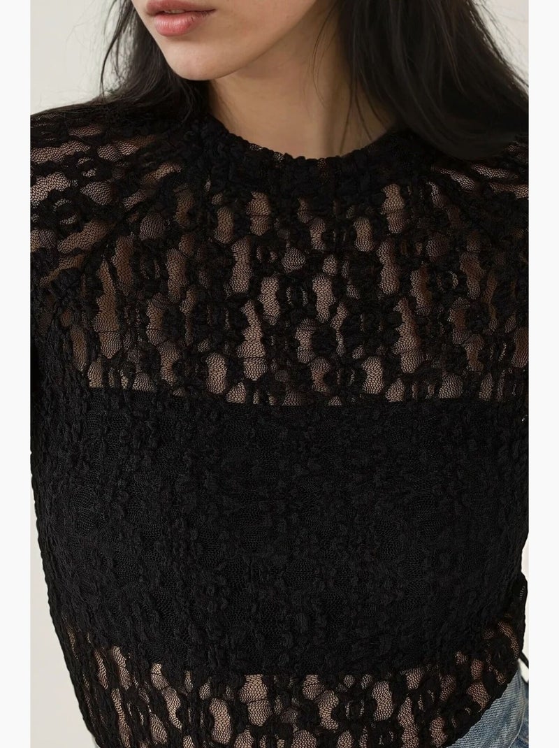 Blusa de renda guipura slim fit com gola redonda hiccup Preto - Kiabi