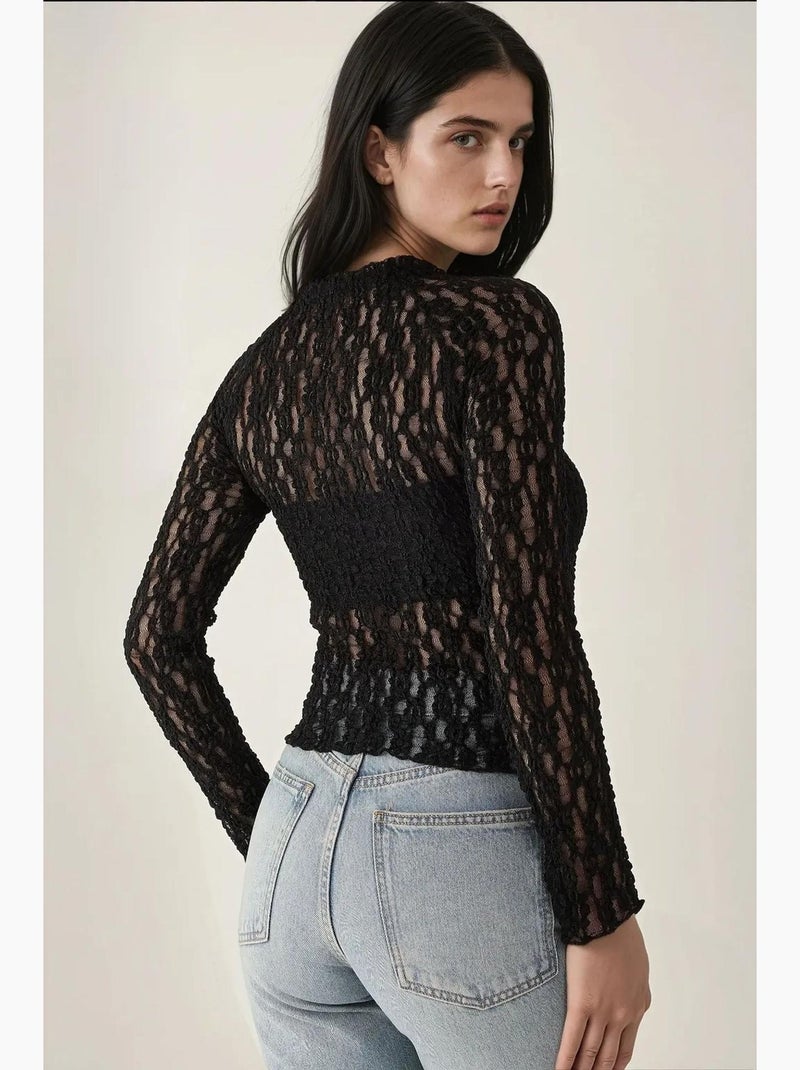 Blusa de renda guipura slim fit com gola redonda hiccup Preto - Kiabi