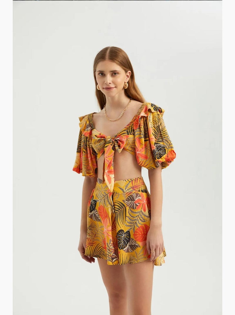 Blusa decote coração laço mangas bufantes hiccup Amarelo - Kiabi