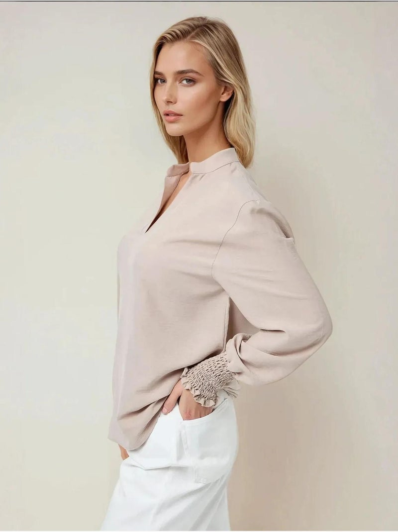 Blusa decote em V manga comprida Bege - Kiabi