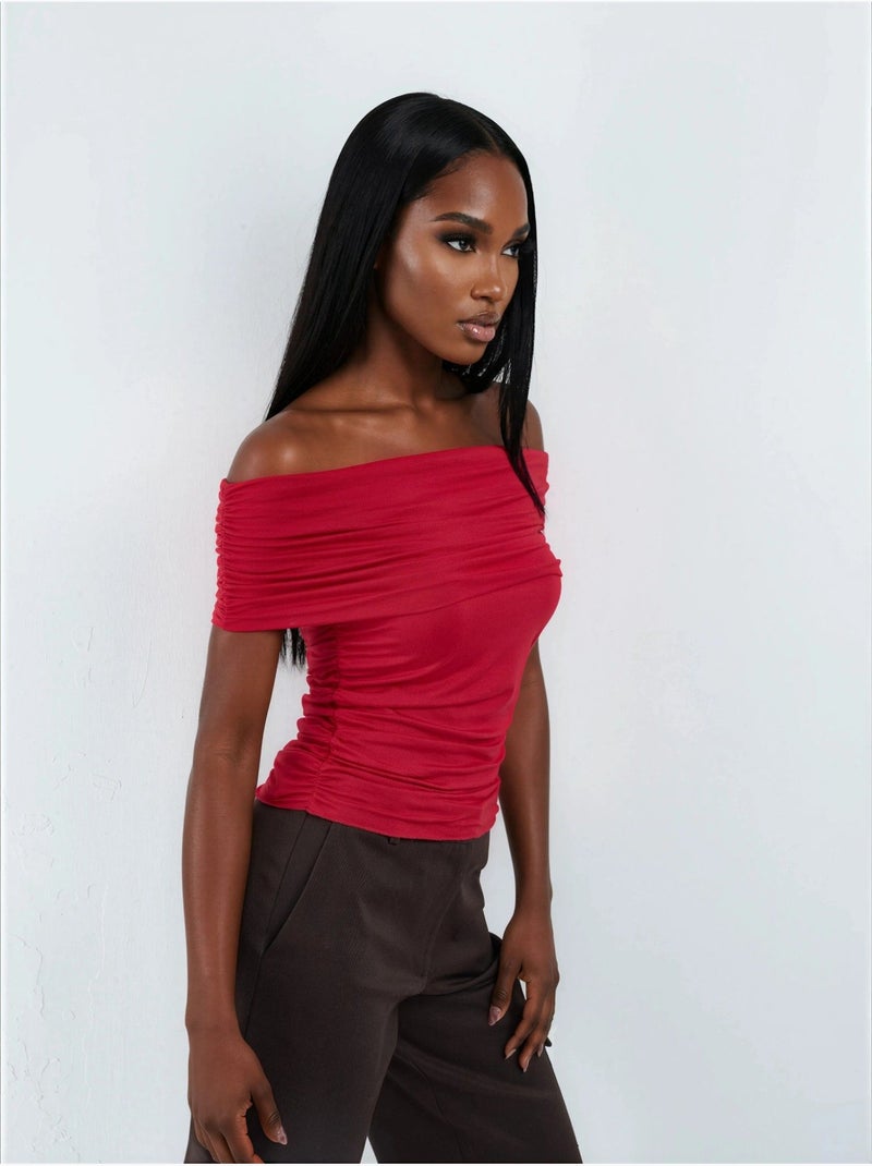 Blusa drapeada com ombros descobertos busem Vermelho - Kiabi