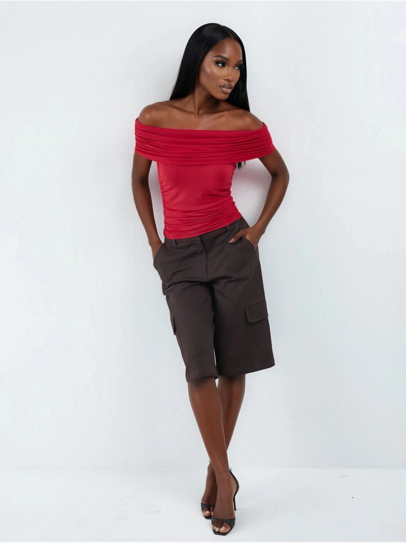 Blusa drapeada com ombros descobertos busem Vermelho - Kiabi