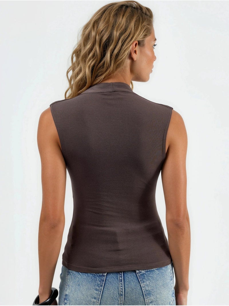Blusa drapeada sem mangas com decote em v busem Castanho-escuro - Kiabi
