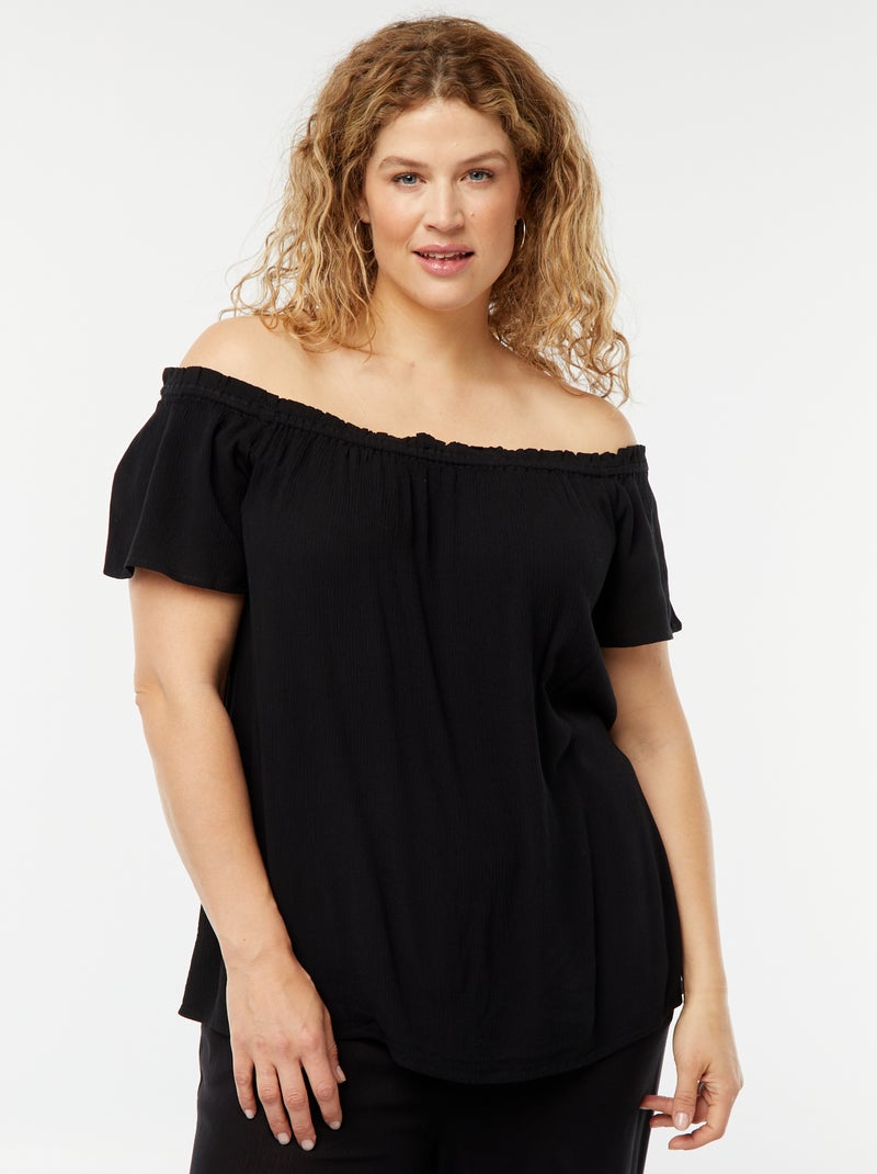 Blusa elástica de manga curta com gola bardot Preto - Kiabi