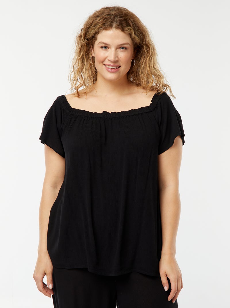 Blusa elástica de manga curta com gola bardot Preto - Kiabi
