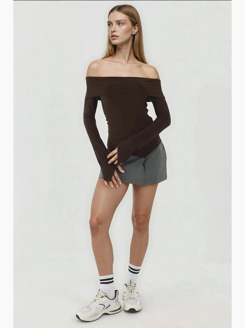 Blusa elegante com decote em bico e manga comprida, corte slim hiccup Castanho-escuro - Kiabi
