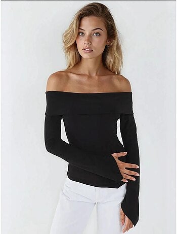 Blusa elegante com decote em bico e manga comprida, corte slim hiccup