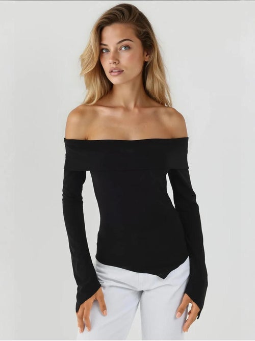 Blusa elegante com decote em bico e manga comprida, corte slim - Kiabi Blusa elegante com decote em bico e manga comprida, corte slim - Kiabi
