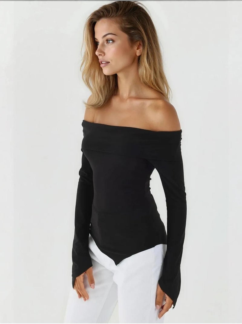 Blusa elegante com decote em bico e manga comprida, corte slim Preto - Kiabi