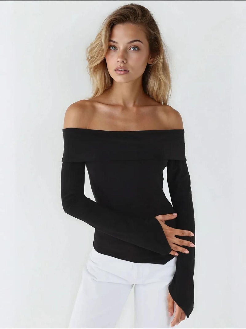 Blusa elegante com decote em bico e manga comprida, corte slim Preto - Kiabi