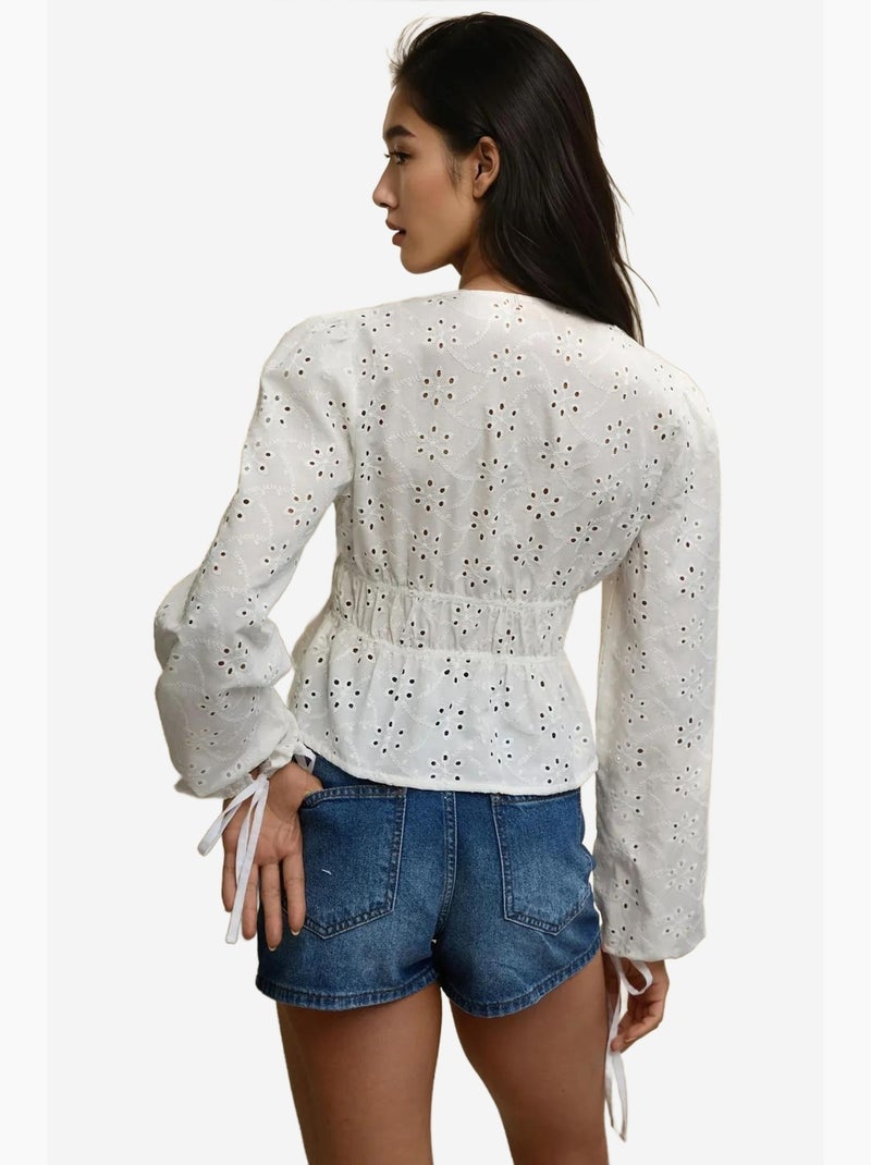 Blusa elegante texturada com decote em v e mangas balão hiccup Branco - Kiabi
