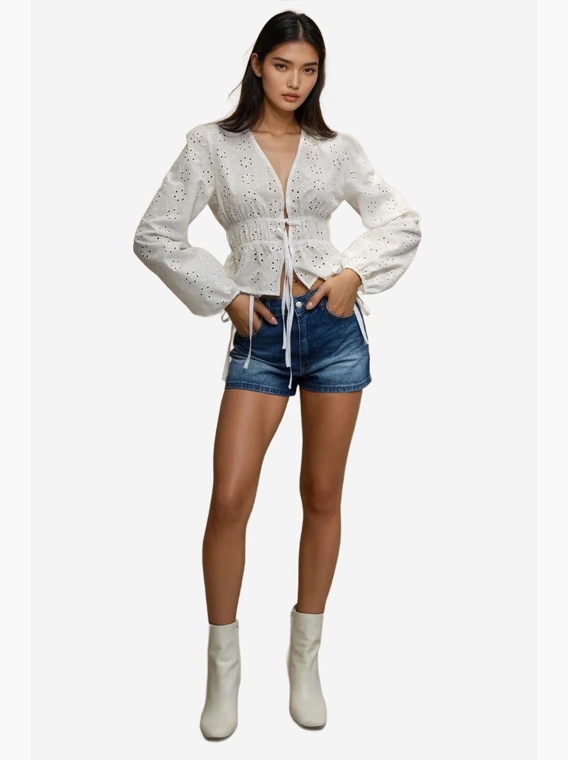 Blusa elegante texturada com decote em v e mangas balão hiccup Branco - Kiabi