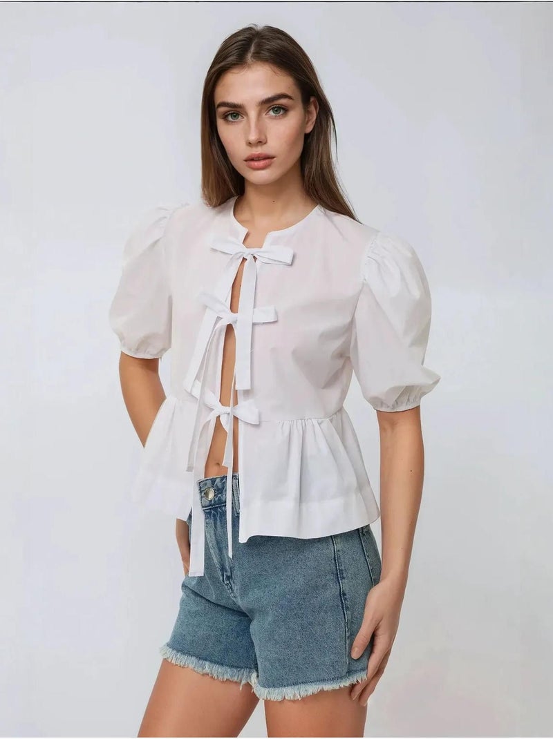 Blusa em algodão com gola redonda e detalhe de laço hiccup Branco - Kiabi
