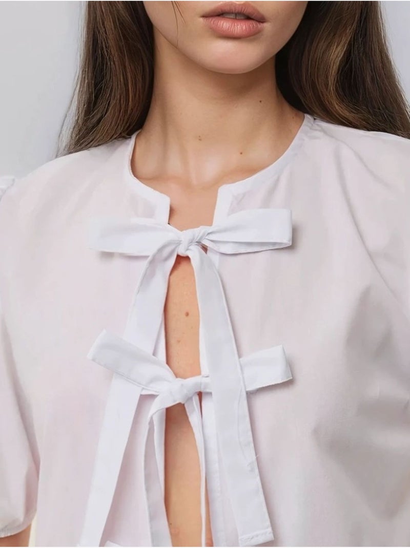 Blusa em algodão com gola redonda e detalhe de laço hiccup Branco - Kiabi