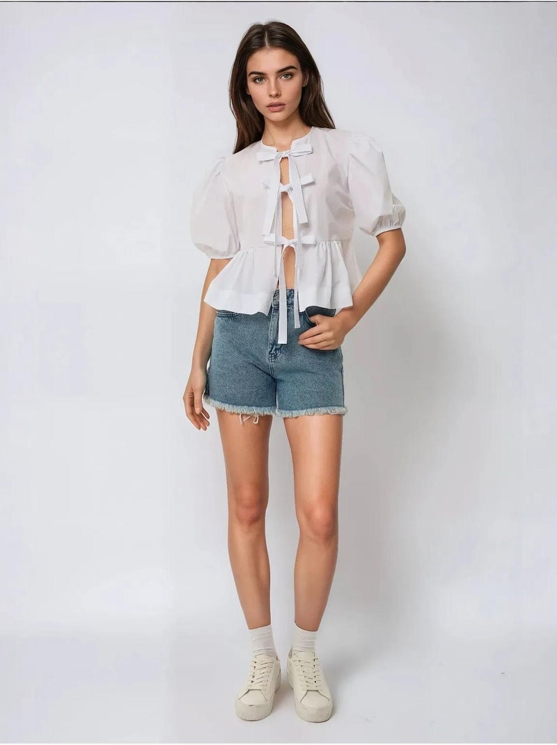Blusa em algodão com gola redonda e detalhe de laço hiccup Branco - Kiabi