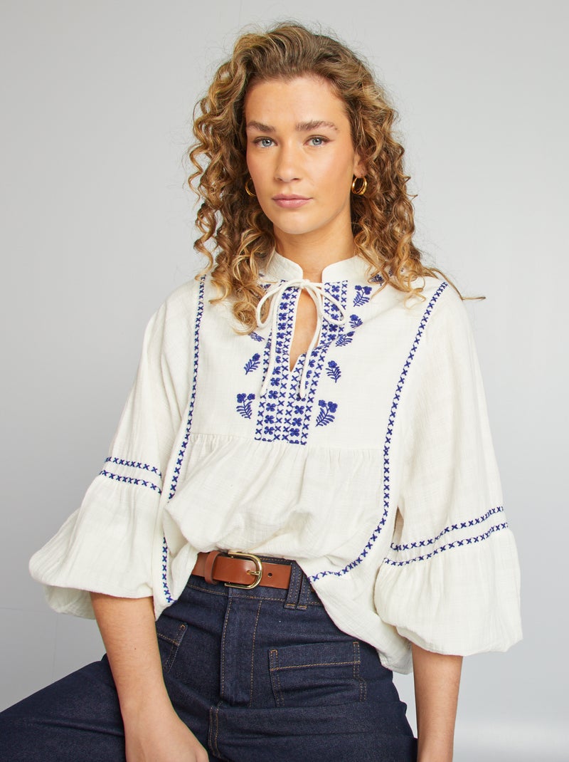 Blusa em gaze de algodão Branco - Kiabi