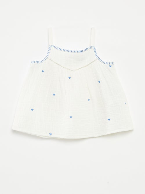 Blusa em gaze de algodão com bordado 'corações' all-over - Kiabi