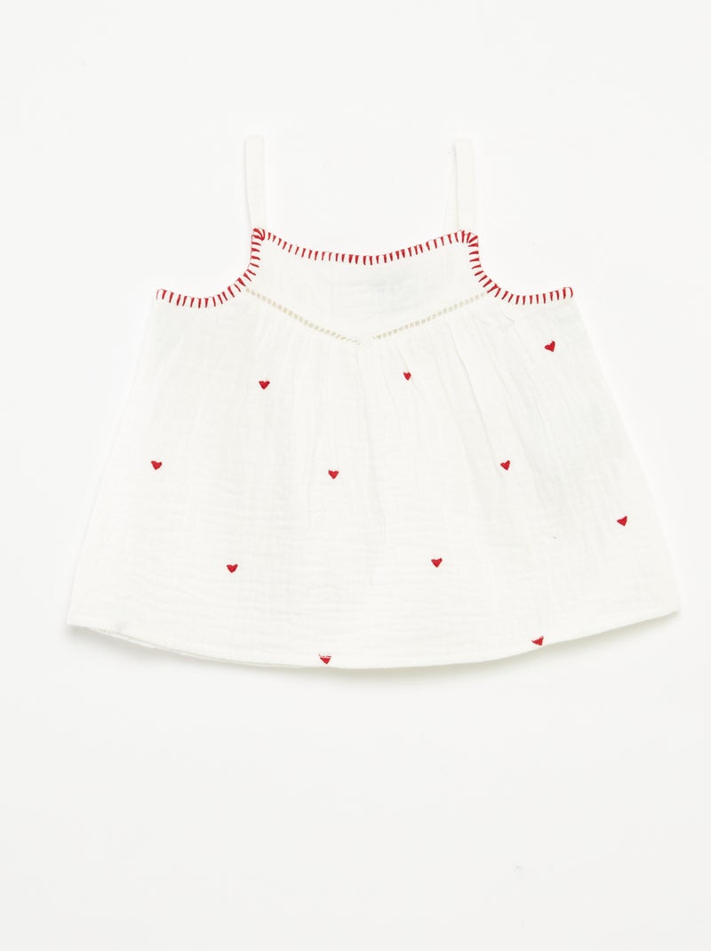 Blusa em gaze de algodão com bordado 'corações' all-over Vermelho - Kiabi