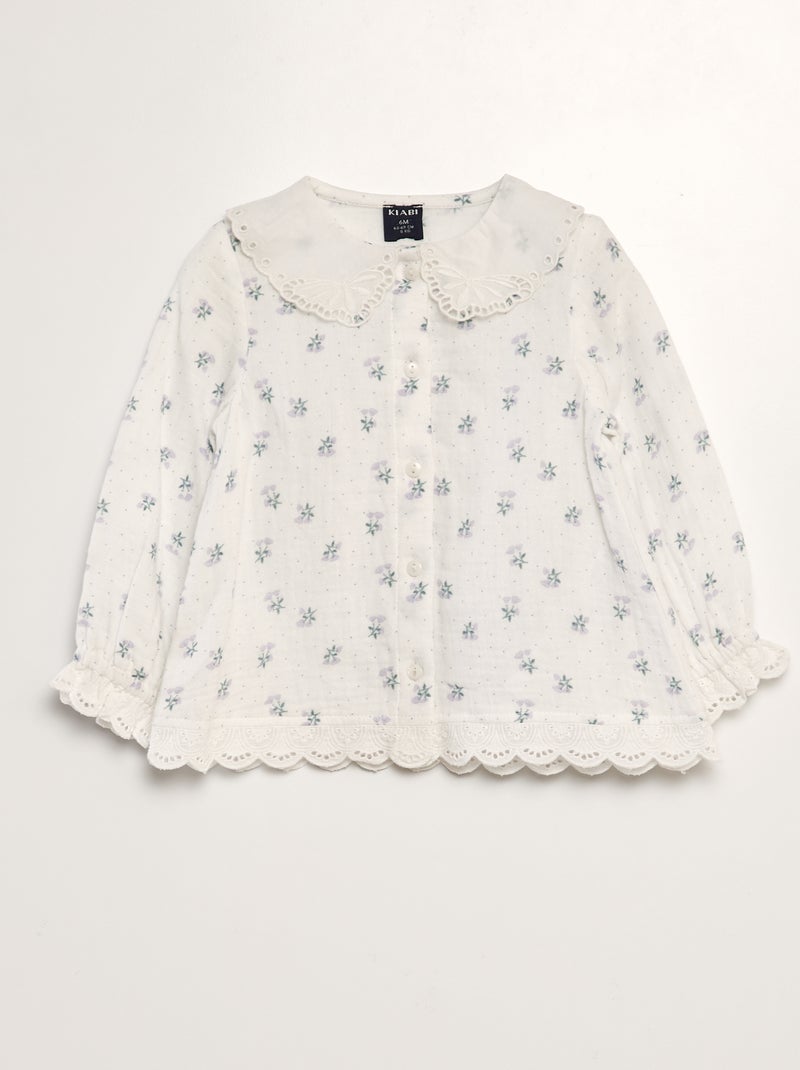 Blusa em gaze de algodão com bordado inglês BRANCO - Kiabi