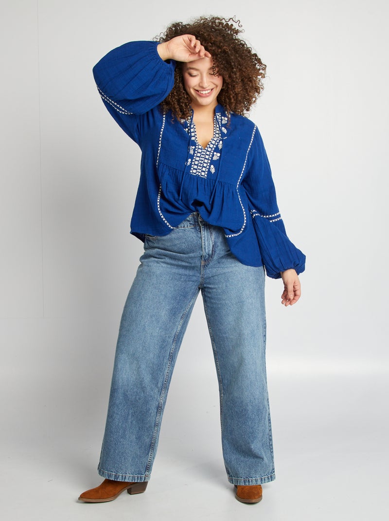 Blusa em gaze de algodão com bordados AZUL - Kiabi