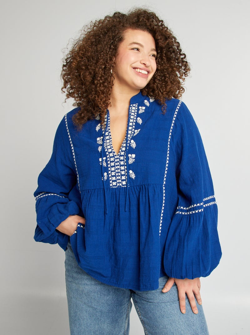 Blusa em gaze de algodão com bordados AZUL - Kiabi