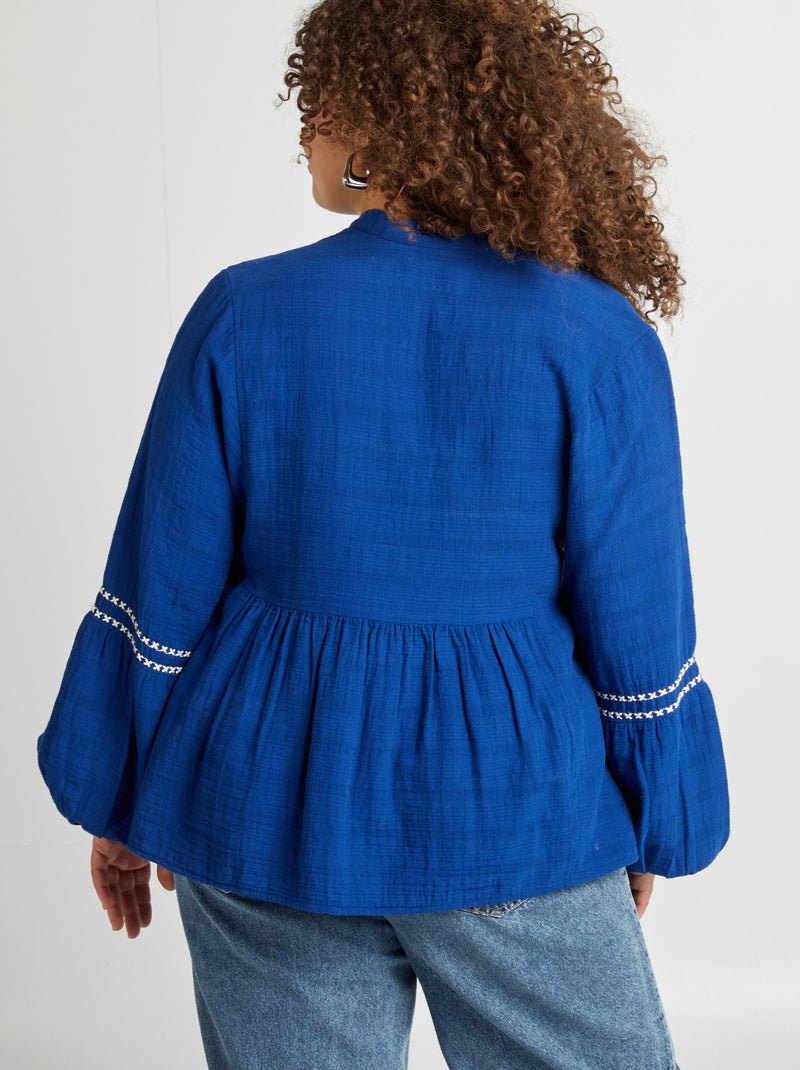 Blusa em gaze de algodão com bordados AZUL - Kiabi