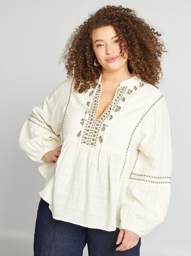 Blusa em gaze de algodão com bordados BEGE - Kiabi