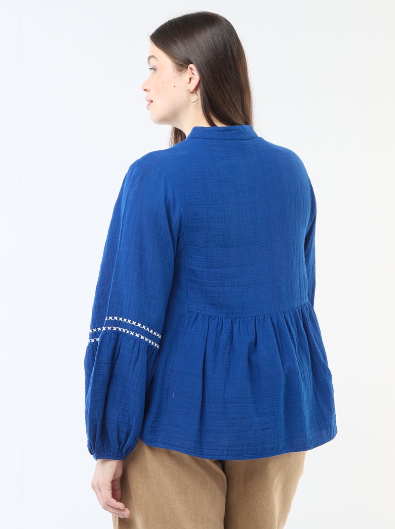 Blusa em gaze de algodão com bordados fantasia e cordões no decote Azul - Kiabi
