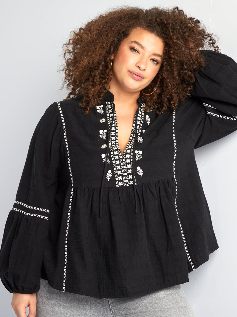 Blusa em gaze de algodão com bordados PRETO - Kiabi