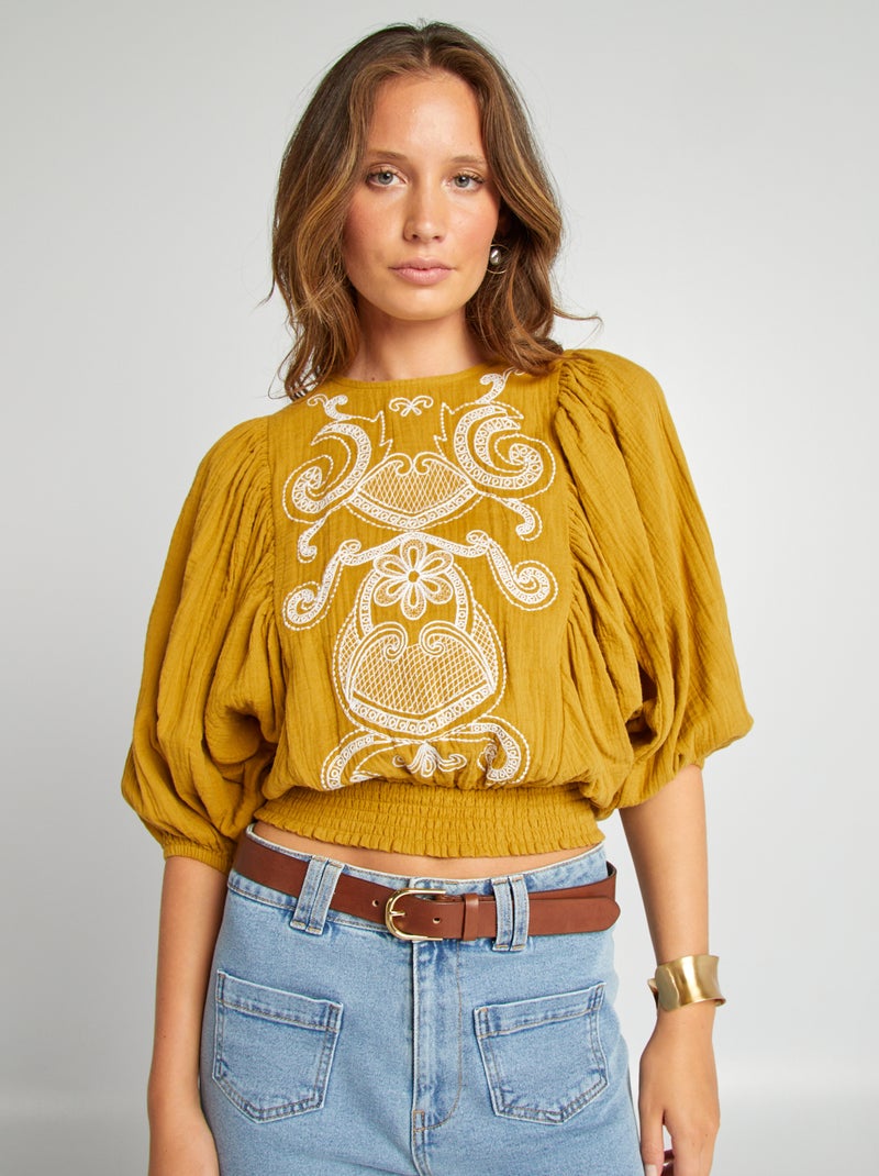 Blusa em gaze de algodão com bordados VERDE - Kiabi