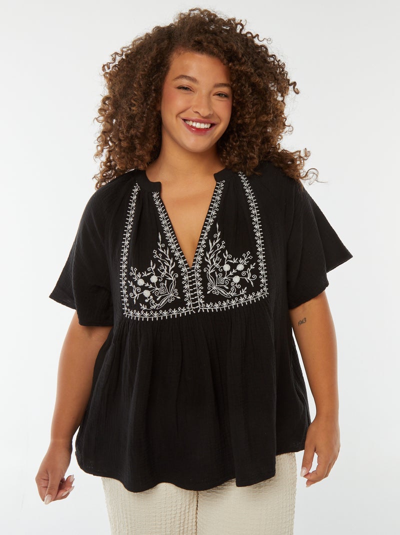 Blusa em gaze de algodão com decote bordado Preto - Kiabi