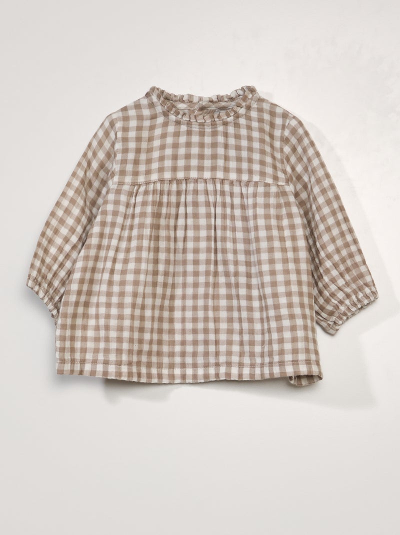 Blusa em gaze de algodão com estampado 'vichy' BEGE - Kiabi