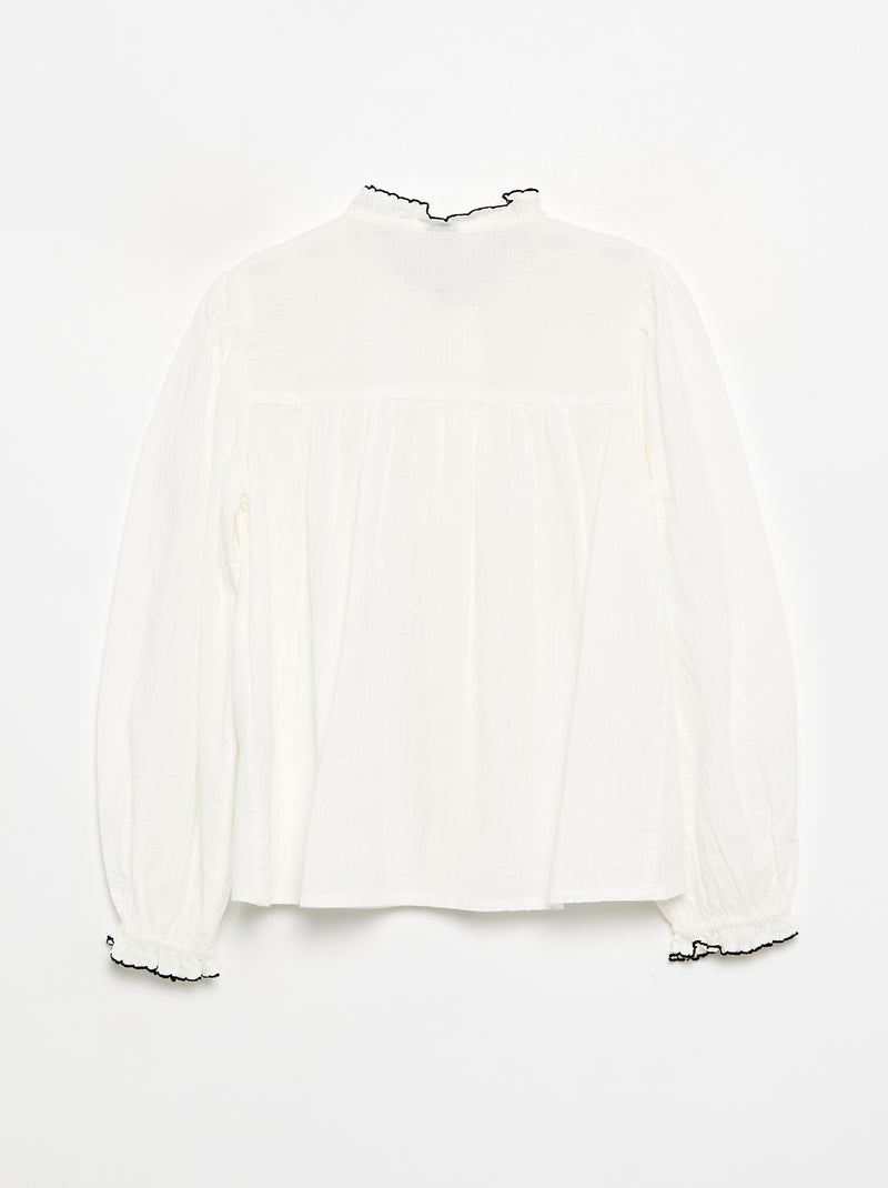 Blusa em gaze de algodão com folhos Branco - Kiabi
