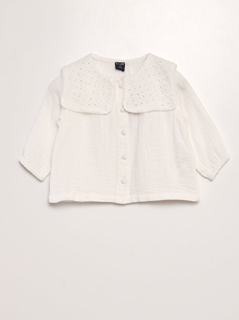 Blusa em gaze de algodão com gola bordada Branco - Kiabi