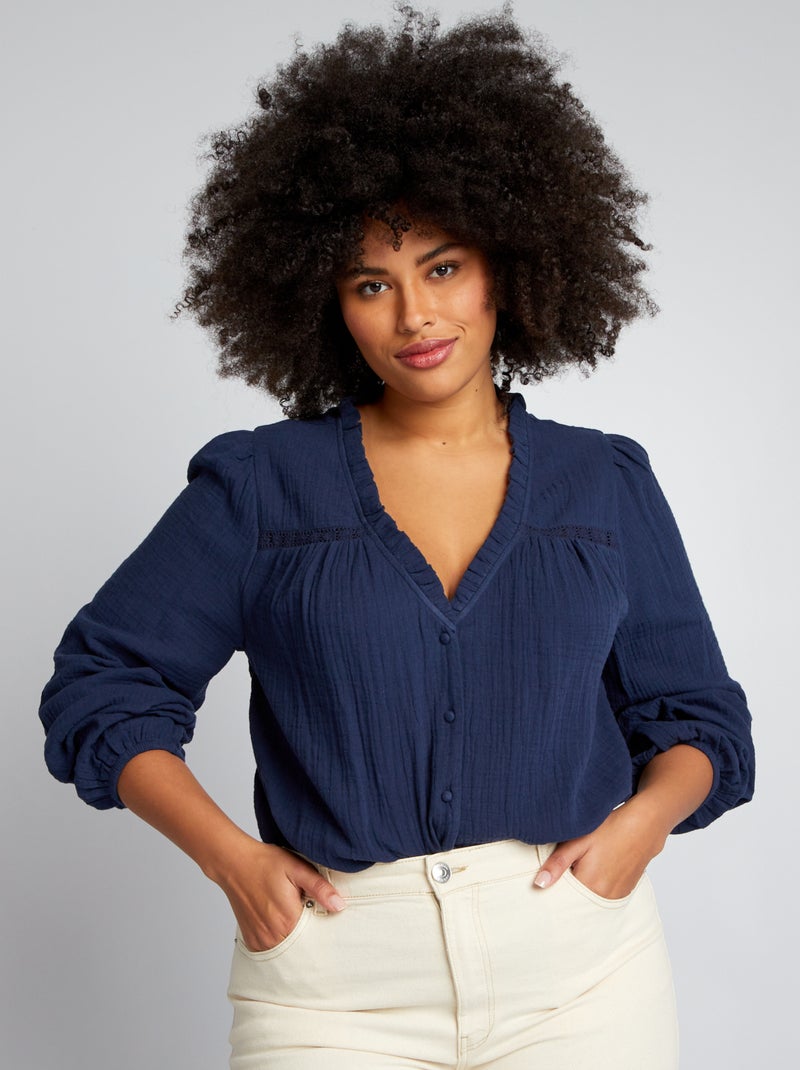 Blusa em gaze de algodão com gola com folhos PRETO - Kiabi
