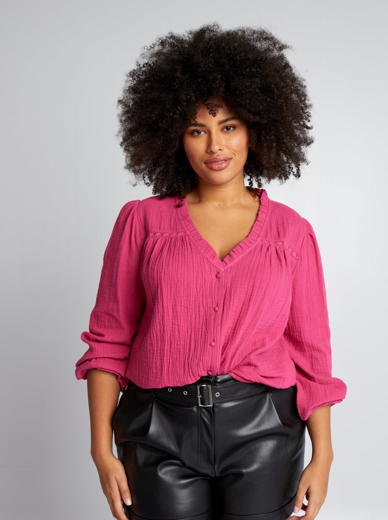 Blusa em gaze de algodão com gola com folhos ROSA - Kiabi