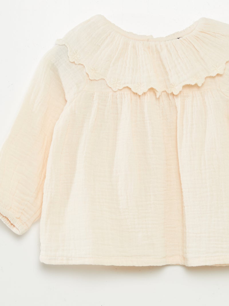 Blusa em gaze de algodão com gola de fantasia BEGE - Kiabi