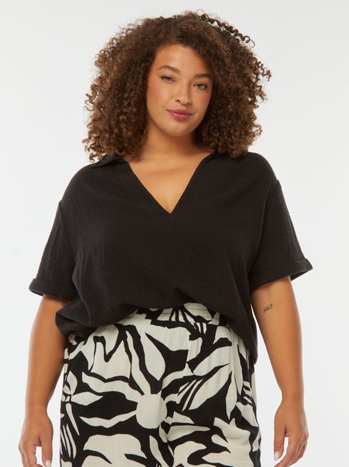 Blusa em gaze de algodão com gola de polo - Kiabi