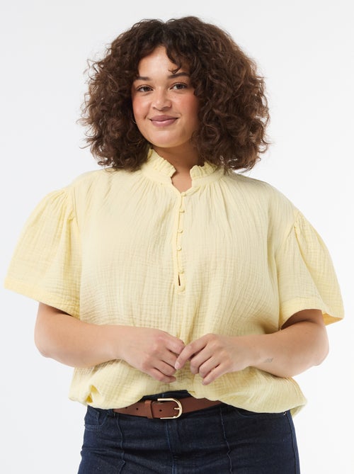 Blusa em gaze de algodão com gola franzida - Kiabi