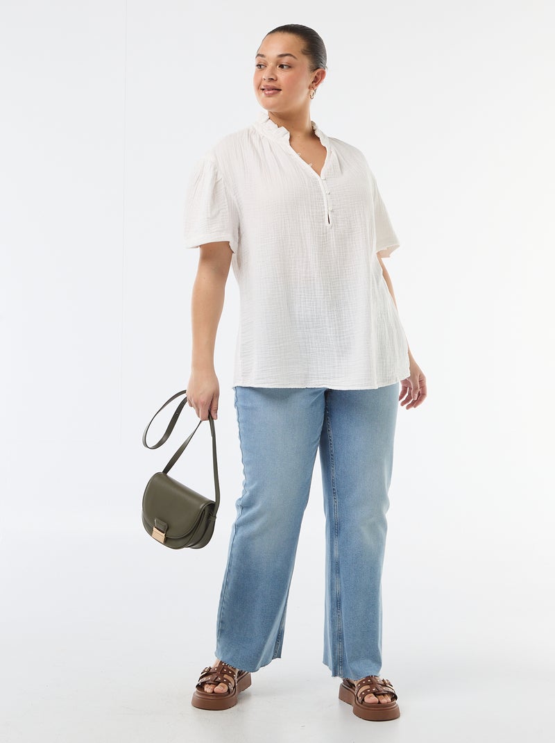 Blusa em gaze de algodão com gola franzida Branco - Kiabi