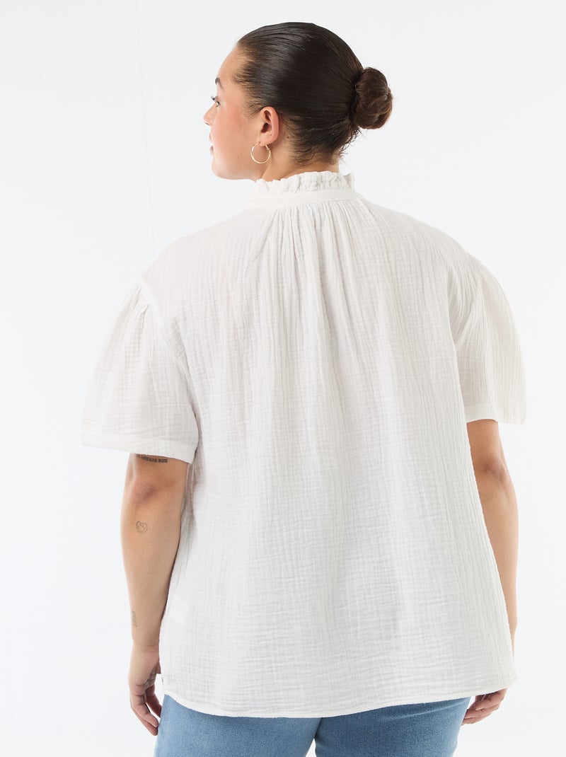 Blusa em gaze de algodão com gola franzida Branco - Kiabi