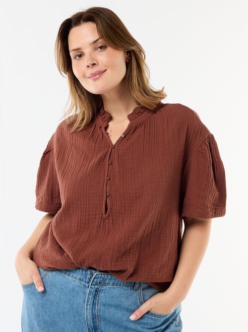 Blusa em gaze de algodão com gola franzida - Kiabi