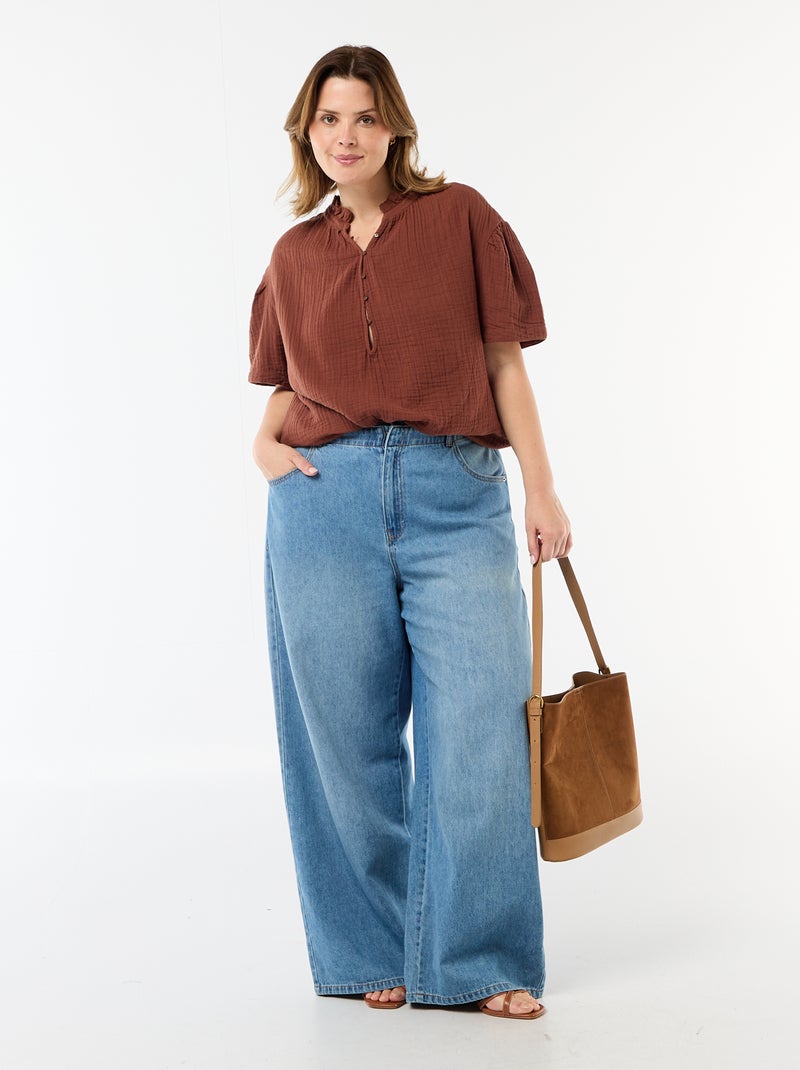 Blusa em gaze de algodão com gola franzida Castanho - Kiabi