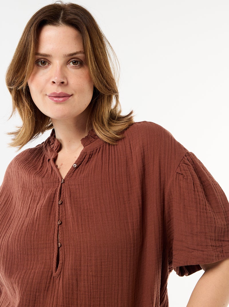 Blusa em gaze de algodão com gola franzida Castanho - Kiabi